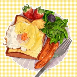 Rule 34 | bread, food, food focus, fork, fried egg, fruit, highres, miri illust, no humans, original, plaid, plaid background, plate, sausage, strawberry