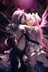 Rule 34 | 2girls, akemi homura, akuma homura, black wings, blue background, crazycat47, dress, elbow gloves, feathered wings, female focus, frilled dress, frills, gloves, hair ribbon, high heels, highres, kaname madoka, light, looking at another, looking at viewer, looking to the side, mahou shoujo madoka magica, mahou shoujo madoka magica: hangyaku no monogatari, multiple girls, night, night sky, pink background, pink hair, pink legwear, purple eyes, ribbon, sky, space, star (sky), thighhighs, transparent wings, two side up, ultimate madoka, white dress, white gloves, wings, yuri, zettai ryouiki