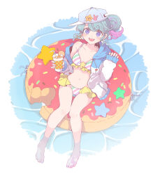 Rule 34 | 1girl, :d, absurdres, barefoot, baseball cap, bikini, blue eyes, blue hair, blue hat, blush, commentary request, cup, disposable cup, doughnut innertube, drinking straw, earrings, food, frilled bikini, frills, from above, fruit, full body, hair ornament, hands up, hat, highres, holding, holding cup, hood, hooded jacket, jacket, jewelry, long sleeves, looking at viewer, multicolored hair, navel, nojima minami, open clothes, open jacket, open mouth, orange (fruit), orange slice, partially submerged, pink hair, pinon (pripara), pretty series, pripara, short hair, sitting, smile, solo, star (symbol), star earrings, star hair ornament, streaked hair, striped bikini, striped clothes, swimsuit, water