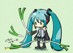 Rule 34 | 1girl, afterimage, aqua hair, chibi, green background, hatsune miku, long hair, lowres, oropi, sad, solo, spring onion, thighhighs, twintails, very long hair, vocaloid
