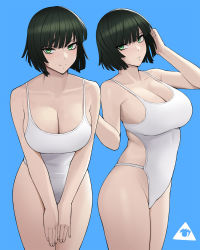 Rule 34 | 1girl, bare shoulders, blue background, blunt bangs, breasts, cleavage, closed mouth, donburi (donburikazoku), fubuki (one-punch man), green eyes, green hair, hands on own thighs, highres, large breasts, one-piece swimsuit, one-punch man, short hair, simple background, smile, swimsuit, thighs, white one-piece swimsuit