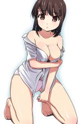 Rule 34 | 1girl, bare shoulders, barefoot, breasts, brown eyes, brown hair, cleavage, feet, female focus, highres, large breasts, matsunaga kouyou, panties, shirt, short hair, simple background, solo, toes, underwear, wet, wet clothes, wet shirt, white background