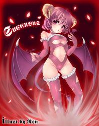 Rule 34 | 1girl, bad id, bad pixiv id, bat wings, breasts, cameltoe, demon girl, demon tail, demon wings, elbow gloves, covered erect nipples, fingerless gloves, gloves, highres, horns, midriff, pink hair, ren san, short hair, solo, demon girl, tail, thighhighs, torn clothes, underboob, wings
