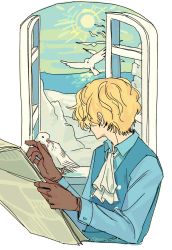 Rule 34 | 1boy, ascot, bird, blonde hair, from behind, gloves, highres, long sleeves, looking outside, male focus, mulso, newspaper, one piece, reading, sabo (one piece), solo, white bird, window, windowsill