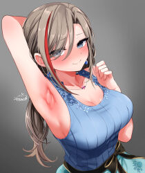 Rule 34 | 1girl, arm behind head, arm up, armpits, artist name, bare shoulders, blue eyes, blush, breasts, brown hair, cleavage, closed mouth, commentary, eyes visible through hair, festa11307070, grey background, hair between eyes, hair over one eye, jewelry, kurusu natsume, kurusu natsume (1st costume), large breasts, long bangs, long hair, looking at viewer, multicolored hair, necklace, nijisanji, paid reward available, presenting armpit, red hair, seductive smile, signature, simple background, sleeveless, smile, solo, streaked hair, two-tone hair, upper body, variant set, virtual youtuber