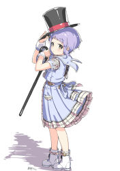 Rule 34 | 1girl, black hat, blue dress, blush, cane, character name, closed mouth, collared shirt, dress, expressionless, flat chest, from side, full body, future signature (idolmaster), hat, holding, holding clothes, holding hat, holding wand, idolmaster, idolmaster million live!, idolmaster million live! theater days, kuresuku (lessons), looking at viewer, looking to the side, makabe mizuki, official alternate costume, plaid, plaid dress, pocket, purple hair, shadow, shirt, short hair, short sleeves, sidelocks, simple background, sleeves rolled up, solo, standing, top hat, very short hair, waist ribbon, wand, white background, wind, wind lift, wrist cuffs