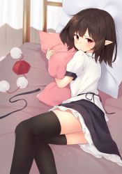 Rule 34 | 1girl, :/, bed, black hair, black skirt, black thighhighs, blush, commentary, curtains, feet out of frame, hat, highres, hugging object, kanpa (campagne 9), looking at viewer, lying, on bed, on side, petticoat, pillow, pillow hug, pointy ears, pom pom (clothes), puffy short sleeves, puffy sleeves, red eyes, red hat, shameimaru aya, shirt, short hair, short sleeves, skirt, solo, thighhighs, tokin hat, touhou, uneven eyes, untucked shirt, unworn hat, unworn headwear, white shirt