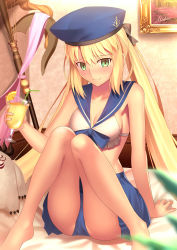 Rule 34 | 1girl, absurdres, artoria caster (fate), artoria pendragon (fate), beret, bikini, blonde hair, blue hat, blush, breasts, cernunnos (fate), cup, drinking glass, fate/grand order, fate (series), green eyes, hat, highres, long hair, looking at viewer, mishiro (ixtlolton), small breasts, smile, solo, staff, stuffed toy, swimsuit, thighs, twintails, white bikini