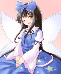 Rule 34 | 1girl, ;d, black ribbon, blue bow, blue dress, blue ribbon, blunt bangs, blush, bow, brown eyes, brown hair, commentary request, dress, fairy wings, frilled bow, frills, gradient background, hair bow, hands on lap, highres, juliet sleeves, long hair, long sleeves, looking at viewer, neck ribbon, one eye closed, open mouth, oshiaki, outline, pink background, puffy sleeves, ribbon, sidelocks, simple background, sitting, smile, solo, star sapphire, touhou, v arms, very long hair, white outline, wide sleeves, wings