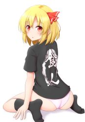 Rule 34 | 1girl, ass, black legwear, black shirt, blonde hair, commentary request, full body, hair ribbon, highres, looking at viewer, looking back, no pants, panties, pink panties, red eyes, ribbon, rumia, shirt, short hair, simple background, sitting, teoi (good chaos), touhou, underwear, wariza, white background