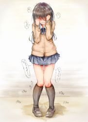 Rule 34 | 1girl, black hair, black socks, blue bow, blue bowtie, blue skirt, blush, bow, bowtie, brown footwear, brown jacket, bullying, crying, embarrassed, faceless, faceless female, female focus, full body, hair over eyes, hands up, highres, humiliation, jacket, japanese text, kneehighs, knees together feet apart, long hair, long sleeves, miniskirt, nose blush, original, pee, peeing, peeing self, pigeon-toed, pleated skirt, puddle, school uniform, shirt, shoes, skirt, socks, solo, speech bubble, standing, tears, text focus, thigh gap, translation request, trembling, watakarashi, wet, wet clothes, white shirt