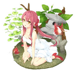 Rule 34 | 1girl, bare shoulders, breasts, bubble, cleavage, collarbone, dress, fish, goldfish, looking at viewer, open mouth, original, ponytail, red footwear, red hair, revision, scrunchie, shoes, sitting, sleeveless, sleeveless dress, solo, stone lantern, tetrapod, unasaka ryou, underwater, wariza, white dress, yellow eyes