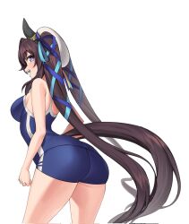Rule 34 | 1girl, animal ears, bare shoulders, blue ribbon, breasts, bright pupils, competition school swimsuit, cowboy shot, ear covers, ear ornament, fukuro (maruaru00), hair ribbon, hat, hat ribbon, highres, horse girl, horse tail, long hair, looking at viewer, open mouth, purple eyes, ribbon, school swimsuit, sideboob, sideways glance, simple background, solo, swimsuit, tail, twintails, umamusume, very long hair, vivlos (umamusume), white background, white hat