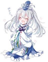 Rule 34 | 1girl, :d, alternate hairstyle, bad id, bad twitter id, blush, closed eyes, commentary request, hands in opposite sleeves, hat, long hair, mononobe no futo, neck ribbon, open mouth, ribbon, ribbon-trimmed sleeves, ribbon trim, signature, silver hair, smile, solo, tate eboshi, touhou, translation request, twintails, upper body, white background, wide sleeves, yukimiya (parupunta)