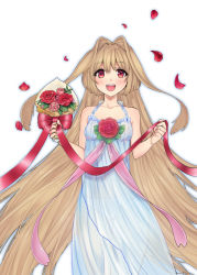 Rule 34 | 1girl, :d, blush, bouquet, brown hair, collarbone, dress, eyebrows, flower, hair between eyes, hair intakes, halterneck, highres, holding, holding bouquet, open mouth, original, outline, panties, petals, red eyes, red flower, red ribbon, red rose, ribbon, rose, see-through, shimako (mehr), simple background, smile, solo, underwear, white background