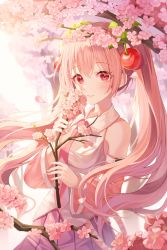 Rule 34 | 1girl, bare shoulders, blurry, blurry background, blush, branch, breasts, cherry, cherry blossoms, closed mouth, cowboy shot, detached sleeves, flower, food, fruit, hair flower, hair ornament, hatsune miku, highres, holding, long hair, looking at viewer, medium breasts, necktie, nri, petals, pink eyes, pink flower, pink hair, pleated skirt, sakura miku, shirt, skirt, smile, solo, twintails, very long hair, vocaloid