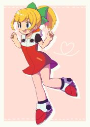 Rule 34 | 1girl, ;d, black shirt, black socks, blonde hair, blue eyes, blunt bangs, blush stickers, bow, commentary request, dress, flat chest, full body, green bow, hair bow, heart, highres, hooded dress, long hair, looking at viewer, mega man (classic), mega man (series), mega man 11, one eye closed, open mouth, picopicochan, pink background, ponytail, red dress, red footwear, roll (mega man), shadow, shirt, shoes, short sleeves, sidelocks, smile, socks, solo, standing, standing on one leg, undershirt, white hood, zipper