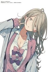 Rule 34 | 1girl, :o, blonde hair, bow, breasts, cleavage, hand gesture, head tilt, imigimuru, jacket, large breasts, long hair, make heroine ga oo sugiru!, messy hair, official art, open mouth, partially unbuttoned, pink bow, pink sweater, purple bow, shikiya yumeko, simple background, solo focus, sweater, upper body, wavy hair, white background, white jacket
