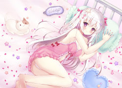 Rule 34 | 1girl, absurdres, ahoge, animal, arms up, babydoll, bare arms, bare legs, bare shoulders, barefoot, bed, blush, bow, breasts, cat, cleavage, closed mouth, commentary request, english text, fingernails, frilled pillow, frills, hair between eyes, hair bow, heart, heart-shaped pillow, highres, kiyui (honey citron), long hair, lying, medium breasts, on bed, on side, original, panties, petals, pillow, pink babydoll, red bow, red eyes, red ribbon, ribbon, sidelocks, silver hair, sleep mask, smile, soles, solo, star (symbol), two side up, underwear, underwear only, very long hair, white panties