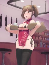 Rule 34 | 1girl, alcohol, bar (place), bar stool, bare shoulders, belt, bikini, black bikini, black thighhighs, blush, bottle, breastless clothes, breasts, brown eyes, brown hair, china dress, chinese clothes, covered erect nipples, covered navel, cup, dress, drink, drinking glass, embarrassed, female focus, hands up, highres, holding, ice, ice cube, indoors, large breasts, legs together, nail polish, nose blush, open mouth, original, oyakomastar, pink nails, red dress, scrunchie, short hair, side-tie bikini bottom, side slit, skindentation, sleeveless, sleeveless dress, solo, standing, stool, swimsuit, swimsuit under clothes, thighhighs, tray, twintails, wine glass
