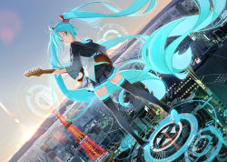Rule 34 | 1girl, 39, aqua eyes, aqua hair, beek, blush, boots, character name, city, dutch angle, electric guitar, from behind, guitar, hatsune miku, highres, instrument, long hair, looking back, skirt, solo, thigh boots, thighhighs, twintails, very long hair, vocaloid
