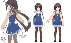 Rule 34 | 1girl, ahoge, arms at sides, blue dress, blue eyes, brown hair, brown pantyhose, closed mouth, concept art, dress, hair ribbon, heart, hinatsuru ai, long hair, long sleeves, looking at viewer, low twintails, multiple views, official art, pantyhose, ribbon, ryuuou no oshigoto!, shirabi, smile, standing, sweater, translation request, twintails, very long hair, white sweater, yellow ribbon, yellow sweater