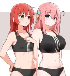 Rule 34 | 2girls, ?, amogan, black panties, black sports bra, blue eyes, bocchi the rock!, breast envy, breasts, cube hair ornament, gotoh hitori, green eyes, hair between eyes, hair ornament, hand on own chest, hand on own hip, highres, kita ikuyo, large breasts, long hair, looking at another, medium support (meme), meme, multiple girls, navel, one side up, panties, pink hair, red hair, simple background, small breasts, sports bra, tearing up, two-tone background, underwear