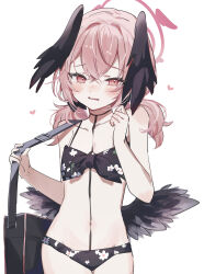 Rule 34 | 1girl, bag, bare arms, bare legs, bare shoulders, bikini, black bikini, black wings, blue archive, blush, collarbone, cowboy shot, feathered wings, flat chest, floral print, hair between eyes, halo, head wings, highres, koharu (blue archive), koharu (swimsuit) (blue archive), long hair, low twintails, navel, official alternate costume, open mouth, pink eyes, pink hair, print bikini, red halo, solo, sorani (kaeru0768), swimsuit, twintails, wings