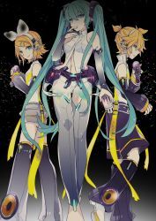 Rule 34 | 1boy, 2girls, aqua eyes, aqua hair, bare shoulders, barefoot, belt, black background, blonde hair, bow, bridal gauntlets, commentary, detached sleeves, english commentary, feet out of frame, finger to mouth, from below, hair bow, hair ornament, hairclip, hatsune miku, hatsune miku (append), headphones, high collar, highres, holding, holding microphone, kagamine len, kagamine len (append), kagamine rin, kagamine rin (append), leg warmers, long hair, looking at viewer, microphone, midriff, multiple girls, nail polish, navel, parted lips, see-through, shirt, short hair, short ponytail, short shorts, shorts, sleeveless, sleeveless shirt, smile, speaker, standing, thighhighs, twintails, utility belt, very long hair, vocaloid, vocaloid append, white bow, yoshiki