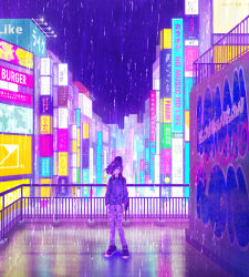 Rule 34 | 1girl, check copyright, copyright request, hair over one eye, headphones, headphones around neck, highres, long sleeves, monaka (siromona), original, pants, purple hair, rain, reflection, shoes, short hair, sign, solo, standing, thumbs in pockets, torn clothes, torn pants, wide shot