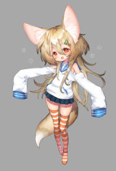 Rule 34 | 1girl, :3, animal ears, blonde hair, blush, fang, felt (inuue kiyu), fox ears, fox tail, grey background, hair ornament, highres, inuue kiyu, large ears, long hair, looking at viewer, no shoes, orange thighhighs, original, red eyes, simple background, skirt, sleeves past wrists, solo, striped clothes, striped thighhighs, tail, thighhighs, very long hair, zettai ryouiki