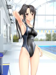 Rule 34 | 1girl, absurdres, armpits, bench, black hair, black one-piece swimsuit, breasts, cameltoe, commentary request, competition swimsuit, contrapposto, cowboy shot, high school fleet, highres, indoors, long hair, looking at viewer, medium breasts, multicolored clothes, multicolored swimsuit, munetani mashiro, one-piece swimsuit, open mouth, ponytail, pool, presenting armpit, red eyes, round teeth, sidelocks, solo, standing, string of flags, swimsuit, takafumi, teeth, upper teeth only