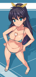 Rule 34 | 1girl, bikini, black hair, blue eyes, blush, bow, breasts, cleavage, collarbone, earrings, female focus, from above, ganaha hibiki, hair bow, hamster, hamuzou, hands on own hips, hidebou, idolmaster, idolmaster (classic), jewelry, large breasts, light smile, lipstick, long hair, looking at viewer, makeup, micro bikini, navel, ponytail, sandals, shadow, solo, standing, swimsuit