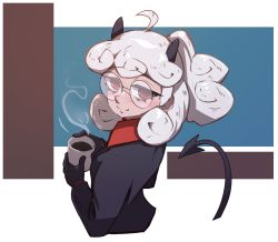 Rule 34 | 1girl, black gloves, black horns, black jacket, black tail, blush, breasts, business suit, closed mouth, coffee, coffee mug, collared shirt, cup, curly hair, demon girl, demon horns, demon tail, formal, glasses, gloves, helltaker, highres, holding, holding cup, horns, jacket, long sleeves, looking at viewer, looking back, medium breasts, medium hair, mug, pandemonica (helltaker), ponytail, red eyes, red shirt, shirt, short hair, simple background, small breasts, smile, solo, steam, suit, tail, tflame, upper body, white hair