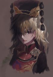 Rule 34 | 1girl, asuzemu, black dress, black hat, blonde hair, chinese clothes, dress, expressionless, grey background, hair over one eye, hat, headdress, junko (touhou), light, lips, long hair, long sleeves, messy hair, red eyes, simple background, solo, tabard, tassel, touhou, upper body