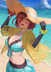 Rule 34 | 1girl, :d, arms up, beach, bikini, bikini skirt, blue bikini, blue sky, blush, breasts, brown hat, cleavage, collarbone, cowboy shot, day, gomashiwo o, hair over one eye, hands on headwear, hat, highres, hololive, large breasts, looking at viewer, navel, ocean, open mouth, orange eyes, outdoors, prosthesis, prosthetic arm, red hair, roboco-san, roboco-san (hololive summer 2019), scrunchie, short hair, sky, smile, solo, straw hat, swimsuit, virtual youtuber, w arms, water, wrist scrunchie