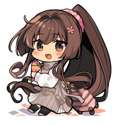 Rule 34 | 1girl, alternate costume, brown eyes, brown hair, brown skirt, cherry blossoms, chibi, crepe, food, hair ornament, hair scrunchie, kantai collection, long hair, long shirt, luggage, no nose, pink scrunchie, pleated skirt, ponytail, rolling suitcase, scrunchie, simple background, skirt, smile, solo, standing, suitcase, sweater, white background, white sweater, yamato (kancolle), yunamaro