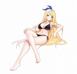 Rule 34 | 1girl, armpits, bare arms, bare shoulders, barefoot, bikini, black bikini, blonde hair, blue eyes, breasts, cleavage, closed mouth, commission, expressionless, full body, hair ribbon, halterneck, hand on own knee, highres, invisible chair, large breasts, crossed legs, long hair, looking at viewer, navel, original, ribbon, side-tie bikini bottom, simple background, sitting, siun, solo, stomach, string bikini, swimsuit, thighs, very long hair, white background