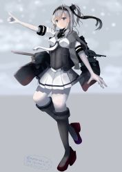 Rule 34 | 1girl, absurdres, artist name, bad id, bad twitter id, blue eyes, bodysuit, breasts, cape, clothes writing, dated, full body, grey cape, grey footwear, hachimaki, hair between eyes, headband, highres, kantai collection, long hair, medium breasts, necktie, numarinko, one side up, pleated skirt, pointing, sailor collar, silver hair, skirt, solo, suzutsuki (kancolle), twitter username, white bodysuit, white necktie, white skirt