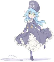 Rule 34 | 1girl, blade (galaxist), blue hair, blush, commentary, commentary request, dress, eve ainsworth, full body, green eyes, hat, long hair, looking at viewer, mitre, pop-up story, simple background, solo, white background