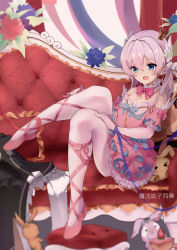 Rule 34 | 1girl, :d, absurdres, bare shoulders, blue eyes, blurry, blurry foreground, couch, doll, dress, elbow gloves, full body, gloves, hair between eyes, hair ornament, highres, homei (honkai impact), homu (honkai impact), honkai (series), honkai impact 3rd, long hair, mofa gu zi xi sang jiang, open mouth, pink dress, pink footwear, short sleeves, sitting, smile, solo, theresa apocalypse, thighhighs, twintails, white gloves, white hair, white thighhighs