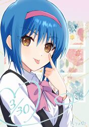 Rule 34 | 1girl, :p, black vest, blue hair, bow, brown eyes, closed mouth, collared shirt, commentary request, dated, eyelashes, eyes visible through hair, hair between eyes, hairband, hand up, happy birthday, heart, heart of string, highres, index finger raised, little busters!, little busters! school uniform, long sleeves, looking at viewer, nishizono midori, pink bow, piyo (kinkooo333), red hairband, school uniform, shirt, short hair, smile, solo, tongue, tongue out, upper body, vest, white shirt