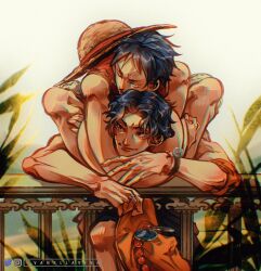 Rule 34 | 2boys, black hair, closed eyes, commentary, english commentary, freckles, hat, highres, holding, holding clothes, holding hat, hug, hug from behind, instagram username, log pose, male focus, monkey d. luffy, multiple boys, one piece, orange headwear, plant, portgas d. ace, red shirt, scar, scar on face, shirt, short hair, shorts, sleeveless, sleeveless shirt, smile, straw hat, twitter username, vanxllavina