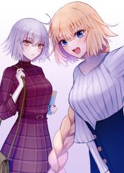 Rule 34 | 2girls, alternate costume, bag, belt, belt buckle, blonde hair, blue eyes, blue skirt, blush, braid, braided ponytail, brown bag, buckle, buttons, casual, closed mouth, commentary request, dress, fate/grand order, fate (series), grey hair, hair between eyes, handbag, highres, holding, holding notebook, jeanne d&#039;arc (fate), jeanne d&#039;arc alter (fate), long hair, looking at viewer, multiple girls, notebook, open mouth, pale skin, plaid, plaid dress, red belt, red dress, ribbed shirt, roro 982, shirt, short hair, simple background, skirt, smile, very long hair, white background, white shirt, yellow eyes