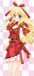 Rule 34 | 00s, 1girl, adjusting hair, blonde hair, blush, bow, breasts, checkered background, cleavage, cleavage cutout, clothing cutout, curly hair, dress, fukuyama lisa, girls bravo, gloves, hair between eyes, hair bow, hair ribbon, hand in own hair, hand on own shoulder, long hair, looking at viewer, mario kaneda, official art, pleated dress, purple eyes, ribbon, short dress, sidelocks, smile, solo, standing, turtleneck
