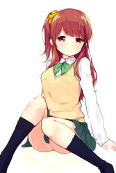 Rule 34 | 1girl, akari (mimura zaja), blush, bow, bowtie, breasts, brown eyes, brown hair, crying, crying with eyes open, green bow, green bowtie, green skirt, hair ornament, hair scrunchie, highres, kneehighs, knees up, large breasts, long hair, looking at viewer, matching hair/eyes, mimura zaja, one side up, original, pee, peeing, peeing self, pleated skirt, puddle, school uniform, scrunchie, side ponytail, sitting, skirt, smile, socks, solo, sweater vest, tears