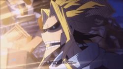 Rule 34 | 10s, 1boy, all might, alternate form, animated, animated gif, black sclera, blonde hair, blue eyes, boku no hero academia, colored sclera, english text, grin, head only, light, looking to the side, lowres, male focus, morning, open mouth, parted lips, shaded face, short hair, smile, solo, staring, subtitled, sunlight, superhero costume, surprised, talking, teeth, thick eyebrows, tongue, transformation, yagi toshinori