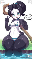 Rule 34 | 1girl, :3, animal ears, aqua bikini, aqua eyes, artist name, bare shoulders, battery indicator, bikini, black hair, black thighhighs, blush, breasts, collarbone, double v, fang, female focus, furry, furry female, grass, hair tie, hands up, happy, heroes of the storm, highres, knees together feet apart, korean text, li li stormstout, looking at viewer, medium breasts, navel, naver username, open mouth, outdoors, panda ears, panda tail, pandaren, partially submerged, ponytail, rabbitbrush, recording, sitting, skindentation, smile, solo, speech bubble, staff, stream, striped bikini, striped clothes, swimsuit, tail, talking, thick thighs, thighhighs, thighs, tongue, translation request, v, viewfinder, warcraft, water, watermark, web address, white background, wide hips