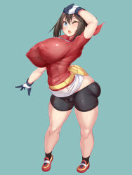 Rule 34 | 1girl, ass, bandana, blue background, blue eyes, blush, breasts, brown hair, cameltoe, cleft of venus, covered erect nipples, creatures (company), fanny pack, full body, game freak, gloves, highres, huge ass, huge breasts, kawahagitei, may (pokemon), nintendo, one eye closed, perky breasts, pokemon, pokemon rse, red skirt, shoes, short sleeves, simple background, skindentation, skirt, sneakers, solo