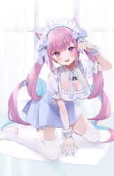 Rule 34 | 1girl, animal ears, breasts, cat ears, cleavage, highres, hololive, large breasts, minato aqua, multicolored hair, nail polish, open mouth, purple eyes, purple hair, smile, solo, streaked hair, tatsuyoshi (zawahomura), twintails, virtual youtuber